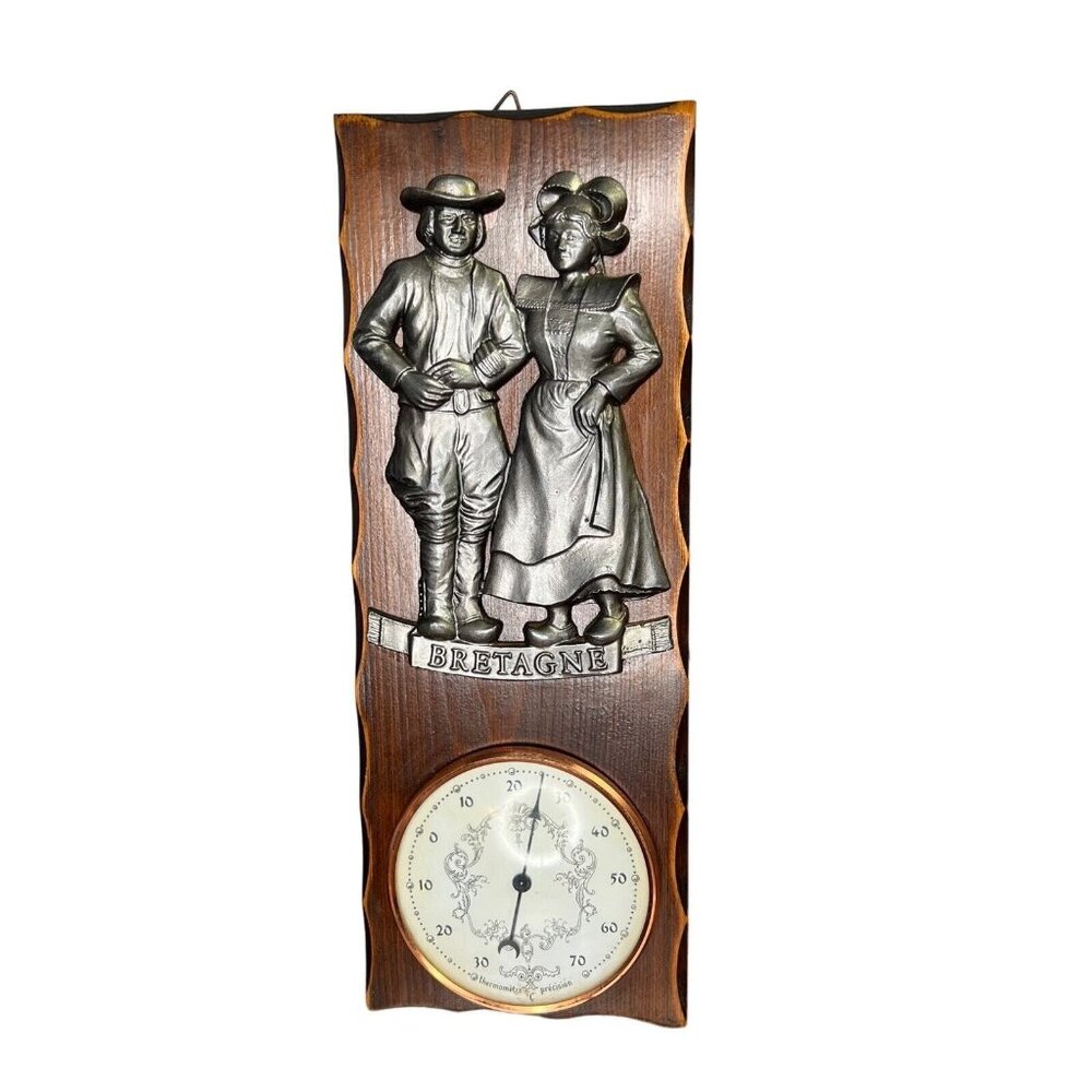 Vintage Wooden & Metal Bretagne France Barometer Man Woman Colonial 12”x4.5”